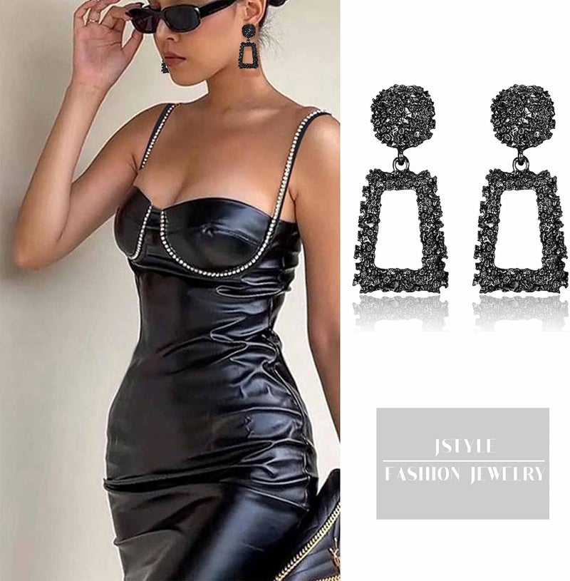 Jstyle Gold Statement Clip On Earrings for Women, Big Rectangle Geometric Dangle Clip Earrings Fashion Large Gold Silver Hot Pink Drop Earrings for Women Non Pierced - Image 2